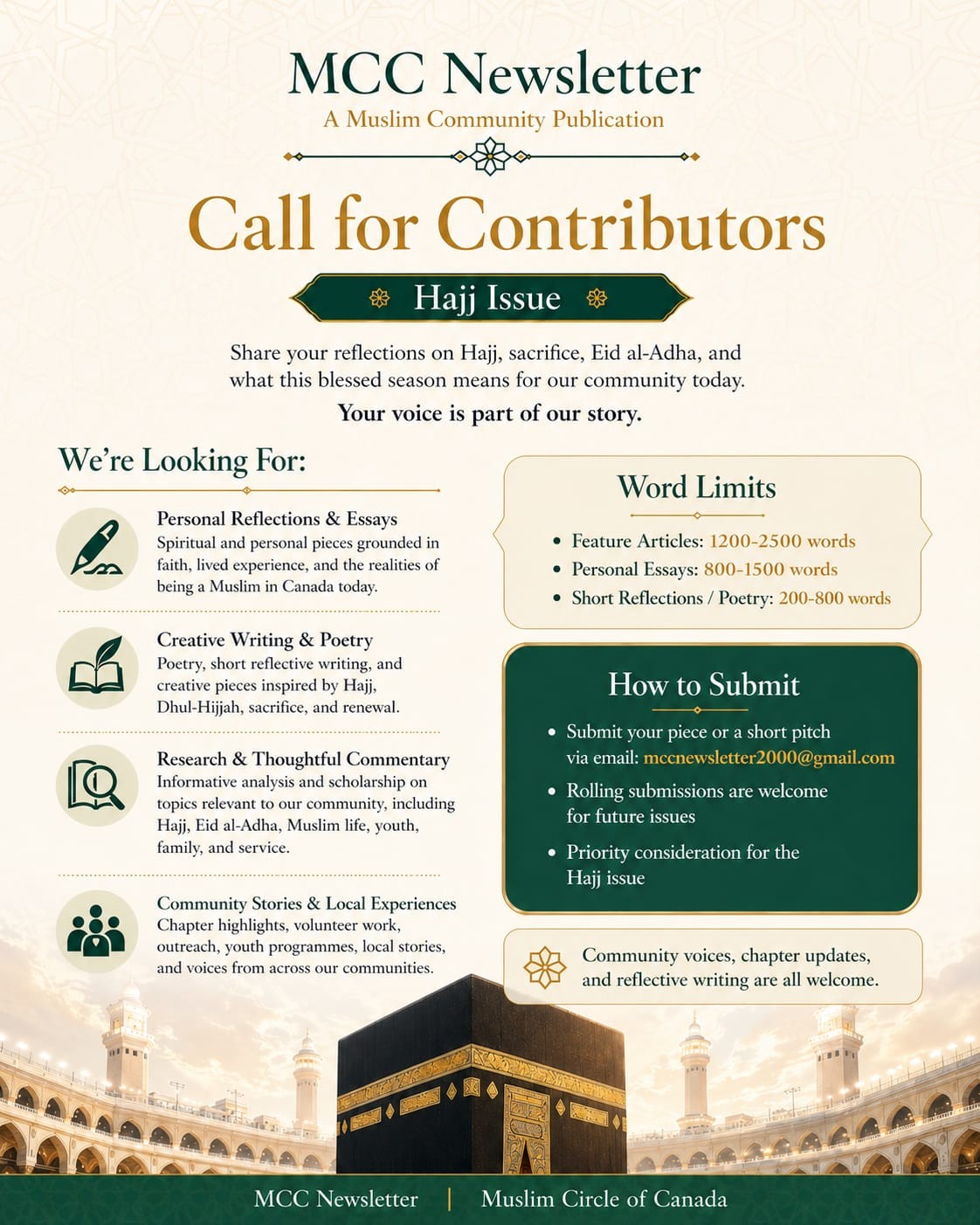 MCC Newsletter Hajj Issue Call for Contributors flyer
